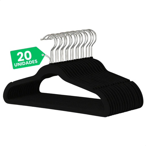 Kit 20 Cabide Infantil Veludo Slim Antideslizante Ultrafino Cor Preto