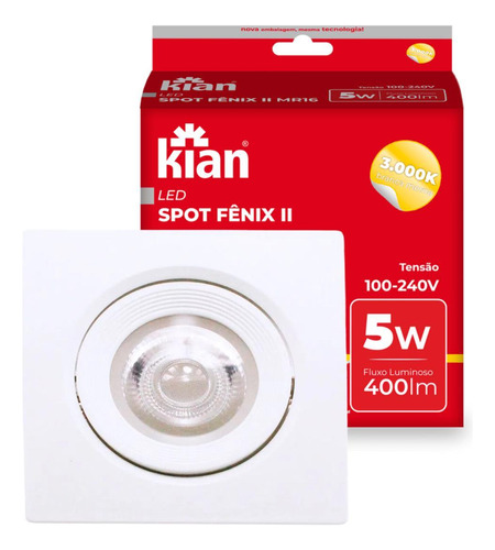 Kit 5 Spot Luminaria Embutir Led Quadrada 5w 3000k Kian