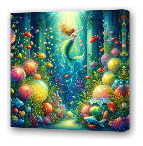 Cuadro 45x45cm Sirena Fantasia Fondo Mar Pez Corales M2