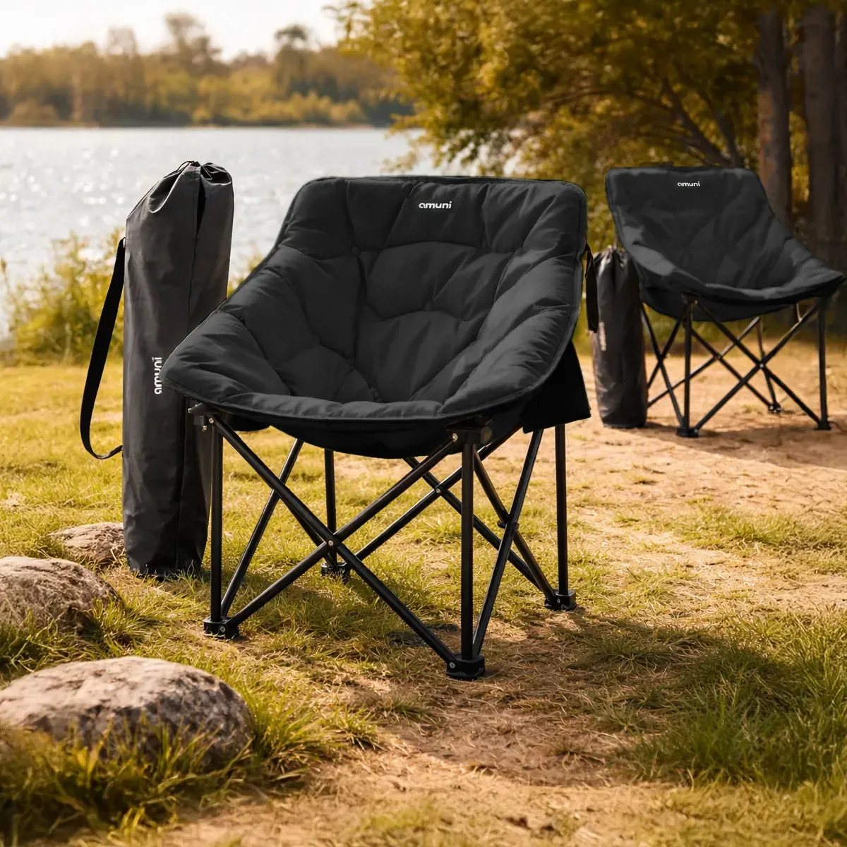 Silla Camping Plegable Amuni Acolchada Reforzada Con Bolso Negro X2