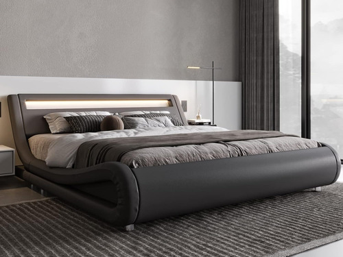 Base Cama Con Led Matrimonial Cabecera Ajustable Color Gris