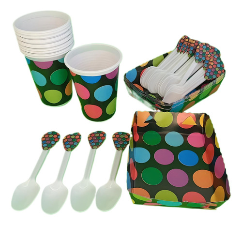 Kit Vasos+bandejas+cubiertos Polka Multicolor F/n 12invitado