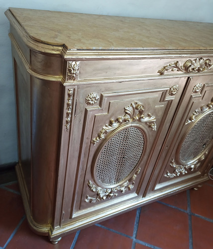 Mueble Antiguo Bahiut Aparador Vajillero Con Tapa De Marmol Dorado Oscuro (Usado)