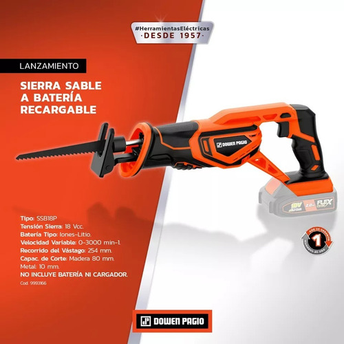 Imagen 2 de 4 de Sierra Sable A Bateria 18v Dowen Pagio Flex One Madera Metal