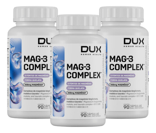 3x Magnésio Mag-3 Complex 300mg Dux 90 Capsulas Sabor Sem Sabor