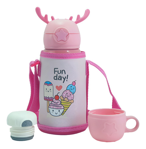 Termo Botella Termica Infantil 500 Ml Reno 2en1 Acero C/taza Rosa Helado