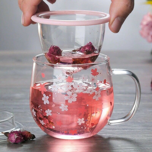 Taza De Cristal Sakura Con Filtro Infusor De Té Y Tapa Bloss