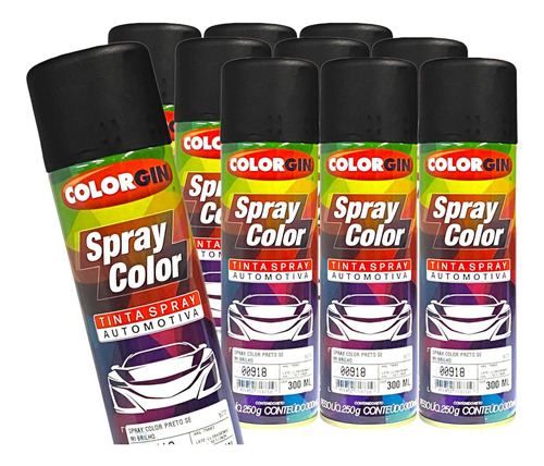 Tinta Spray Preto Semi Brilho Colorgin 300ml - 10 Unidades