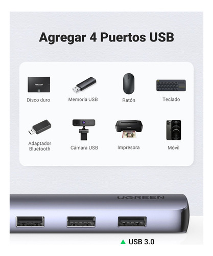 Adaptador Ugreen Hub USB 3.0 tipo C 5 en 1 5 gbps gris