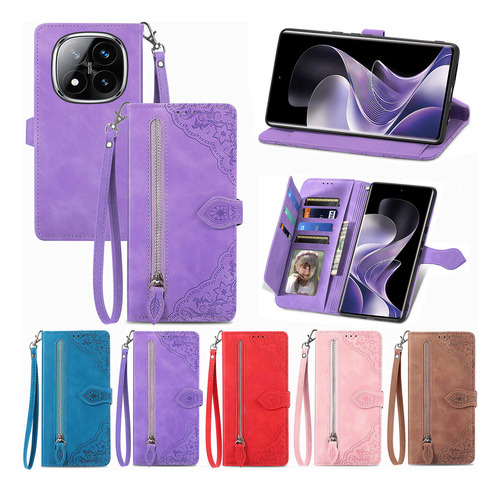 Funda De Piel Emboss Flowers Con Cremallera Para Redmi Note