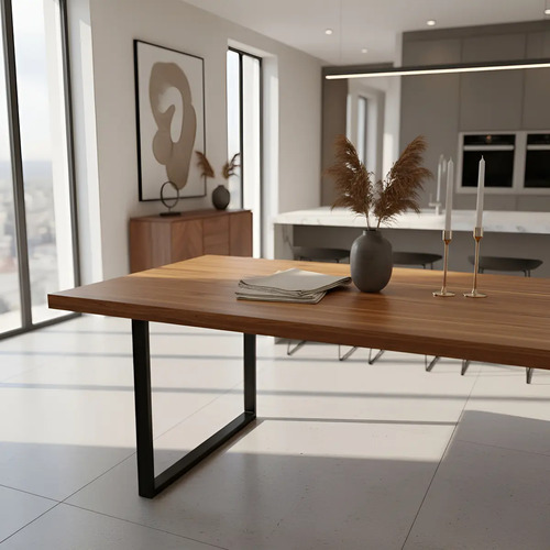 Mesa De Jantar Industrial Tampo Madeira Maciça 160x90x78cm Tampa Teca Pés Preto 8 Lugares
