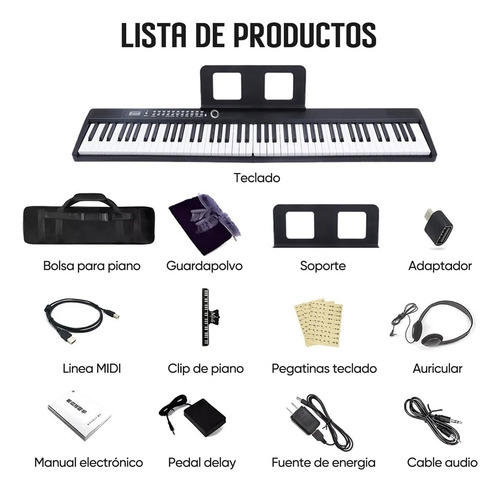 Bluetooth Midi 88 Portátil Y Plegable Teclas Teclado Musical Piano Electrónico Color Negro Marca Tielopa