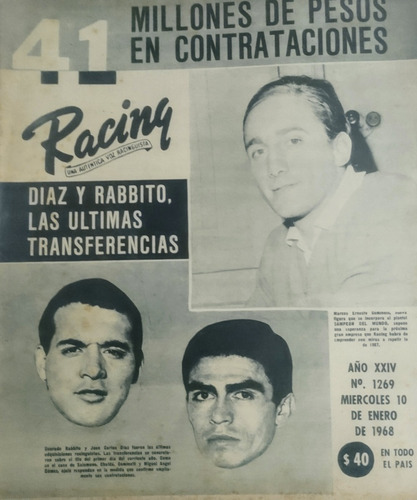 Revista Racing 1269 Conrado Rabitto,juan Carlos Díaz 1968