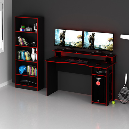 Mesa Gamer Para 2 Monitores + Estante Para Livros E Jogos Cor Preto Com Vermelho