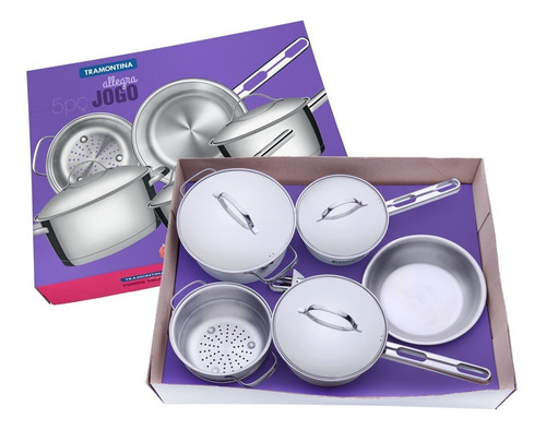 Jogo De Panelas Aço Inox Tramontina Fundo Triplo 5 Peças