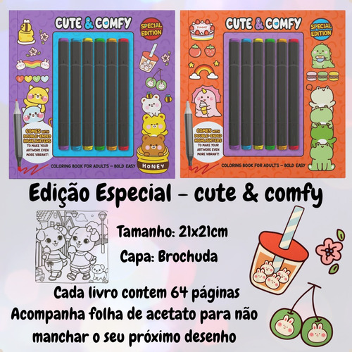 Kit 2 Livros De Colorir - Cute & Comfy + Canetinhas Touch + Folha De Acetato