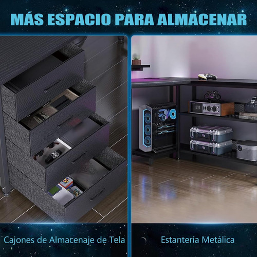 Escritorio Gamer Reversible Grande U Con Luz Led Y 4 Cajones Negro