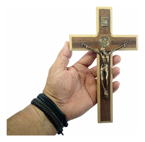 Crucifixo De Parede Madeira Metal São Bento 23cm