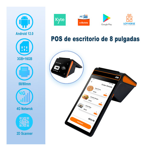 Terminal Android 12 Pos De 8 Pulgadas, 3g+16g, Impresora, Es