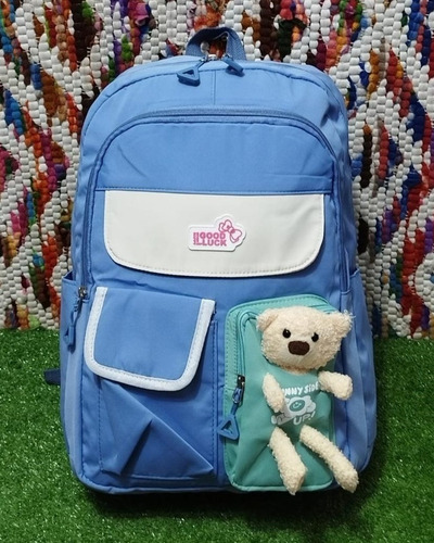 Mochila Import Asiatica Kawaii Con Osito Good Luck Celeste Liso