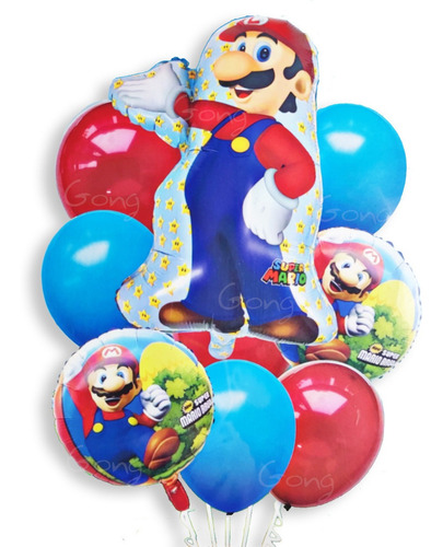 Set De 9 Globos Foil Mario Metalizado Estrella Esferico X9