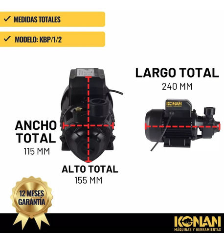 Bomba Periferica Konan 1/2hp Altura 28mts Caudal 28 L/min Negro 50hz Monofásica