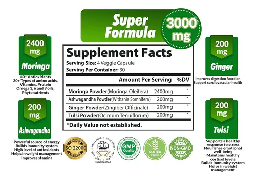 Cápsulas De Polvo De Moringa Orgánica De 3000 Mg Con Ashwagandha, Jengibre, Albahaca Sagrada Tulsi - Potenciador De Ene