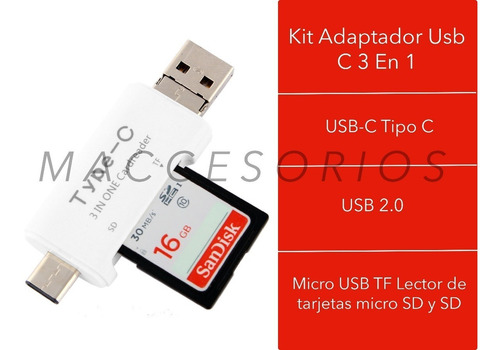 Imagen 3 de 10 de Kit Adaptador Usb C 3 En 1 - Lector De Memoria Sd - Otg Pc
