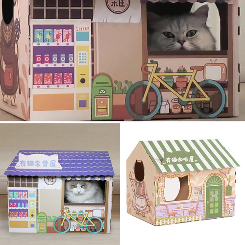 Casa Para Gatos De Cartón Con Salón Con Almohadilla Verde