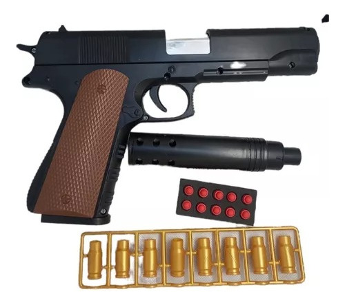 Pistola De Juguete Con Silenciador Cartuchos Balas Suaves