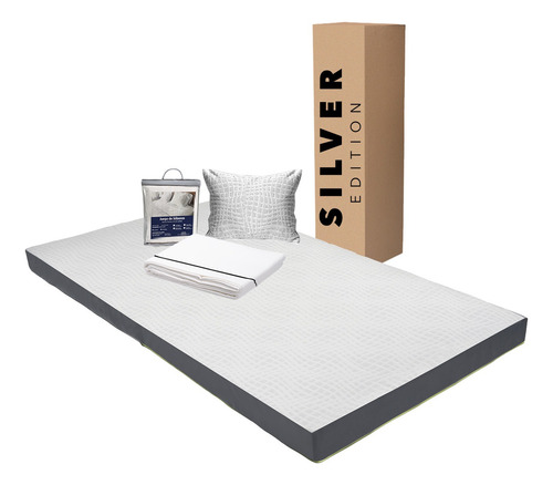 Colchón Individual En Caja 10 Cm + Juego Sábanas Y Almohada Blanco Con Gris