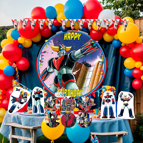 Kit Decoracion Set Globos Cumpleaños Tematica Mazinger Z Rojo Amarillo Azul Mazinger Z