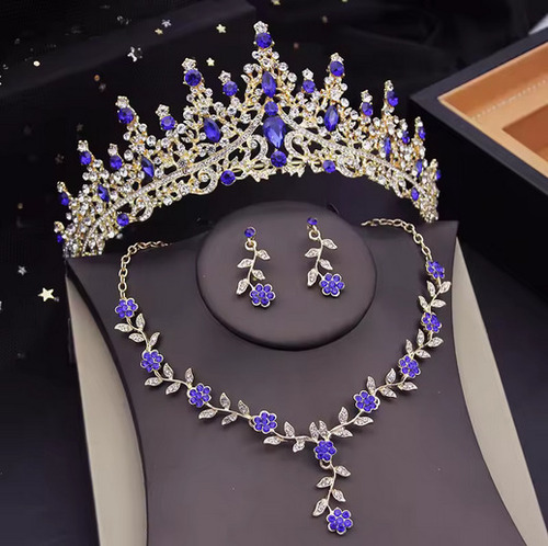 Set De Corona Tiara Gargantilla Y Aretes Para Boda Xv Años A Azul Rey/dorado