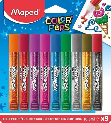 Imagen 2 de 4 de Pegamento Con Glitter Colores Brillo Maped X9 De 10.5ml Edu