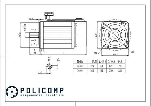 Kit Servo Motor, Com Freio 1kw, 3.5nm, Flange 80mm