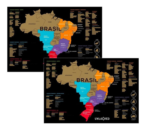 Imagem 2 de 9 de Kit 2x Mapa Do Brasil De Raspar Unlocked Sem Moldura 60x42cm