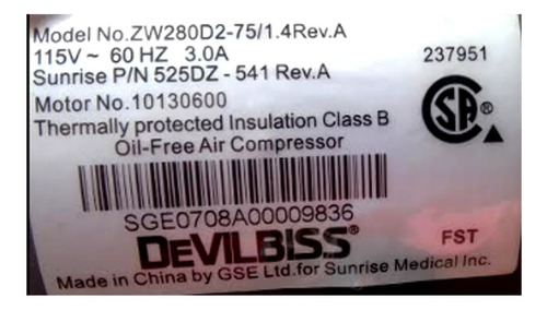 Devilbiss Zw280d2-75/1.4 Bomba Compresor VacĂo 30 Psi (Usado)
