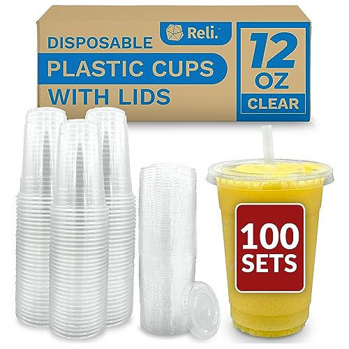 Reli. Tazas De Plástico Con Tapas, 12 Oz (100 Juegos 4314w