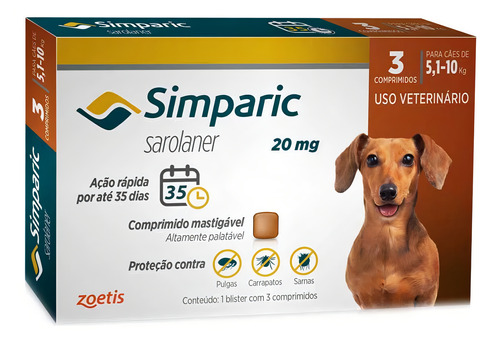 Simparic 20 Mg 5 A 10 Kg Combo 3 Comprimidos