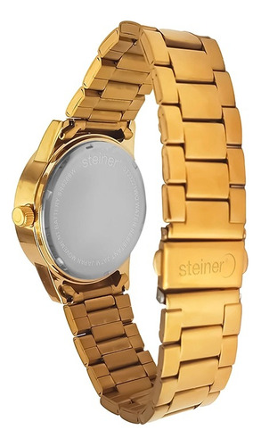 Reloj Análogo Minimalista De Dama Steiner 38mm Acero Inox Correa Dorado Bisel Dorado Fondo Negro