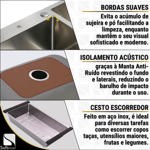 Cuba Dupla Gourmet Cozinha Inox 304 Anti Risco Nano PVD Escovada 78x43 cm Completa Com Acessórios Soft Inox
