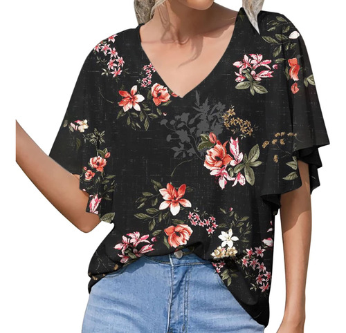 Blusa Verano Para Mujer Cuello V Estampado Floral Retro Moda