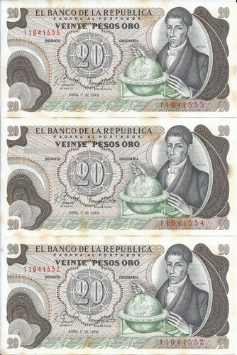 Colombia Trío De Números Consecutivos 20 Pesos 1 Abril 1979