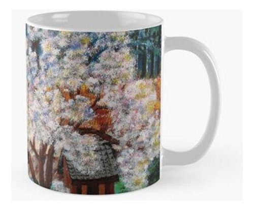 Taza Árbol En Flor Y Cabaña De Campo. Calidad Premium