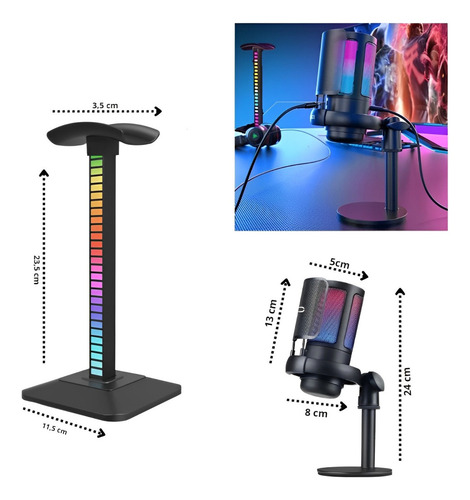 Kit Microfone De Mesa E Suporte Led Rgb P/ Headset Gamer Cor Preto
