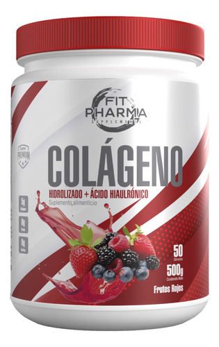 Fit Pharma Supplements Colágeno Hidrolizado Puro + Ácido Hialurónico, Biotina Sabor Frutos Rojos. 500 g