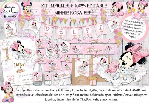Kit Imprimible Candy Bar Minnie Bebe Rosa 100% Editable