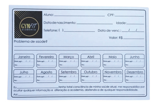 Ficha De Cadastro E Mensalidade Academia - 50 Uni
