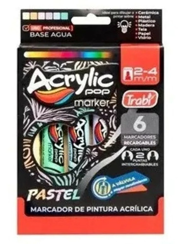 Marcador De Acrílico Pastel X6 Trabi 2-4mm Acrylic Pop