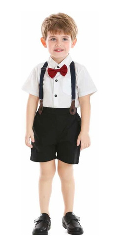 Conjunto Bebé Niño Formal Short Azul Con Tirante Camisa Moño